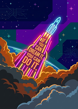 Neon Rocket Inspirational Space Poster