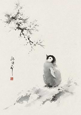 Sumi-e Style Baby Penguin Illustration