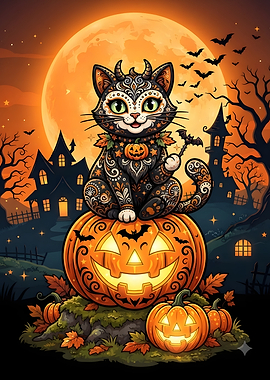 Sugar Skull Cat on Halloween Pumpkin