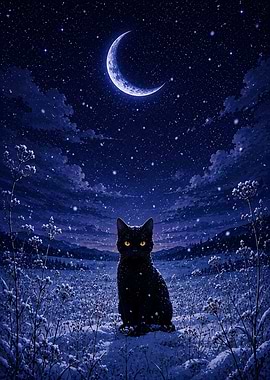 Black Cat in Snowy Night