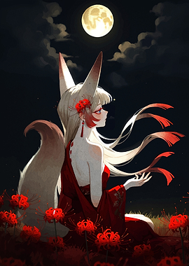 Kitsune Girl in Red Under Moonlight