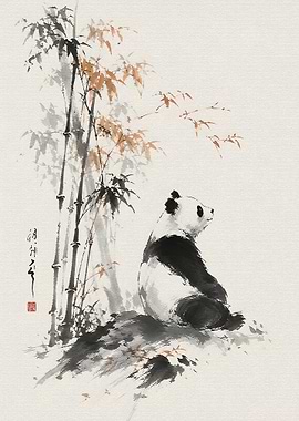 Sumi-e Style Panda and Bamboo