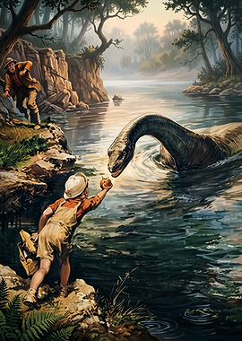 Child Offering Fruit to Plesiosaur