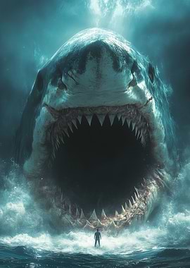 Giant Shark Confronting Lone Person