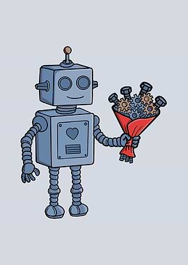 Cute Robot Holding Mechanical Bouquet