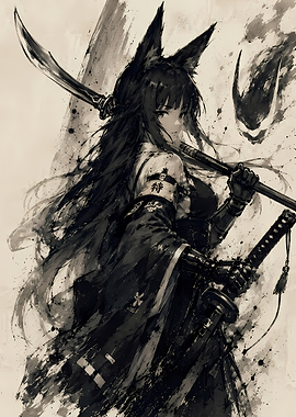 Fox-Eared Samurai Warrior Ink Illustration