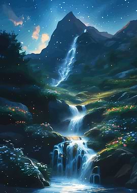 Enchanted Waterfall Under Starry Night