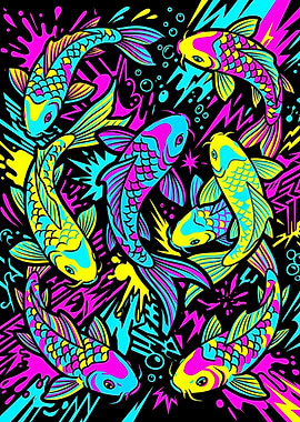 Neon Koi Fish Abstract Art