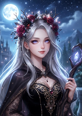 Moonlit Fantasy Sorceress with Crystal Staff