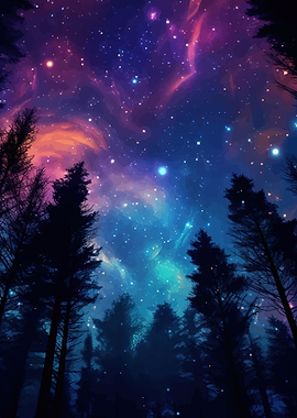 Vibrant Nebula Sky Over Pine Forest
