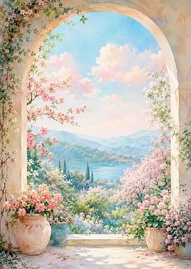 Mediterranean Archway with Floral Garden View