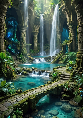Ancient Ruined Temple Waterfall Grotto