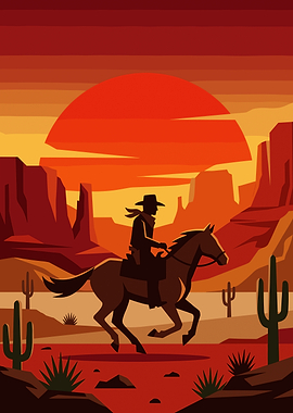 red Lone Cowboy Riding Through Desert Sunset