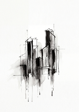 Abstract Ink Wash Cityscape Sketch