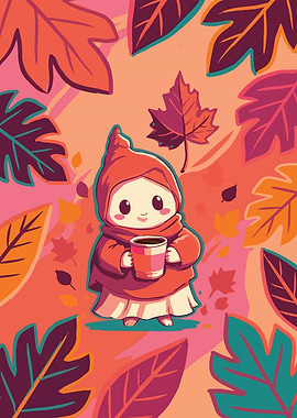 Cute Autumn Character with Coffee