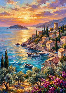 Mediterranean Coastal Village Sunset Painting