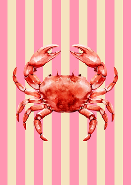 Watercolor Crab on Striped Background