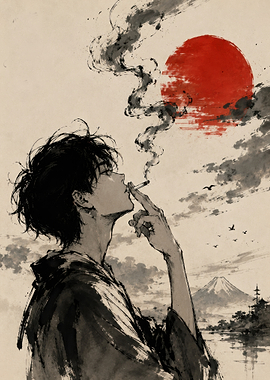 Simple anime Boy Smoking Under Red Sun
