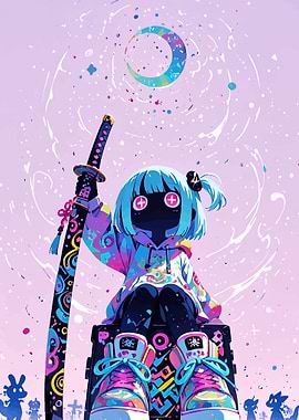 Colorful Anime Girl with Katana