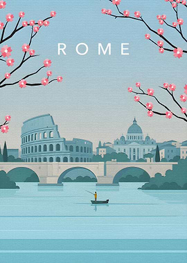 Rome Travel Poster with Cherry Blossoms