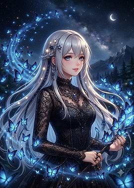 Anime Girl with Glowing Blue Butterflies