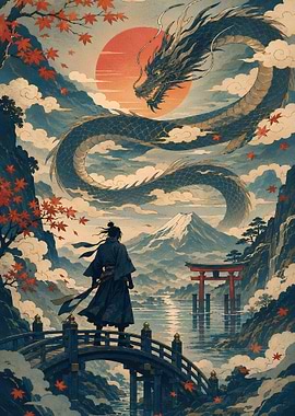 Samurai Facing a Majestic Dragon