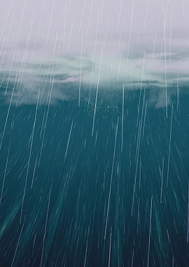 Vertical Rain Over a Teal Sea