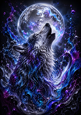 Wild Wolf Howling at Liquid Moon