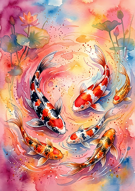 Watercolor Koi Fish Pond Art