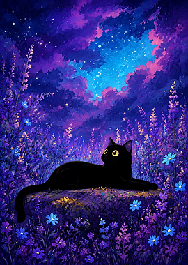 Black Cat in Purple Flower Field