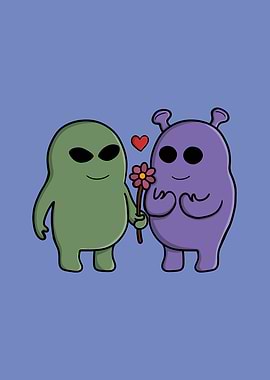 Cute Alien Couple with Flower