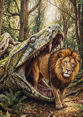 Lion Emerging from Giant Snake Mosaic