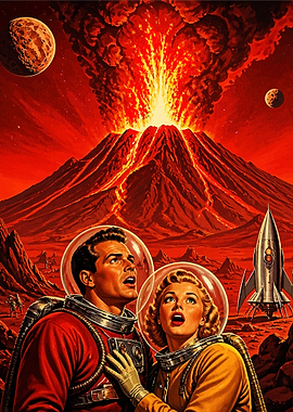 Retro Sci-Fi Astronauts and Volcano