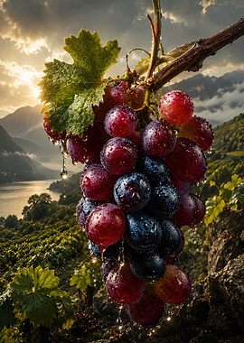 Dew-Covered Grapes in Vineyard Landscape