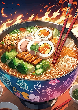 Spicy Ramen Bowl with Flaming Background