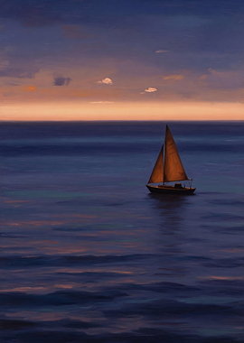 Amber Sail on an Indigo Dusk Sea