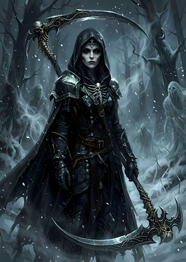 Dark Fantasy Reaper in Snowy Forest