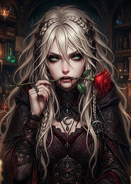 Gothic Vampire Sorceress with Red Rose