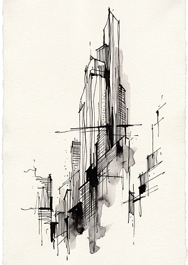 Abstract Ink Sketch of City Skyline