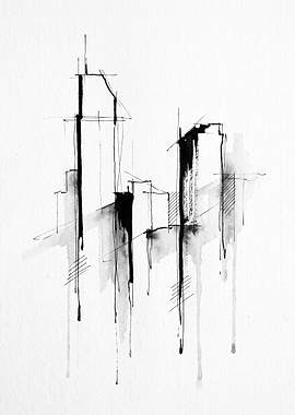 Minimalist Ink Wash Cityscape Sketch