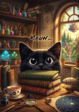 Cute Black Cat in Wizard Study