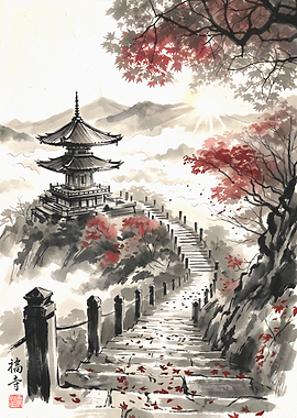 Japanese Pagoda Temple Autumn Landscape