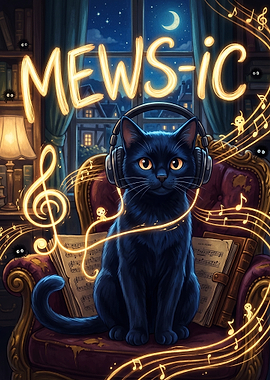 Black Cat Listening to Music