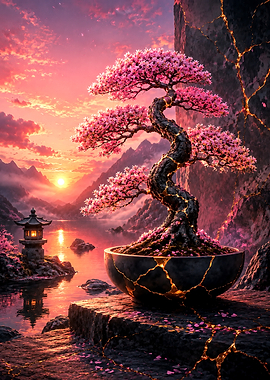 Kintsugi Bonsai Tree at Sunset