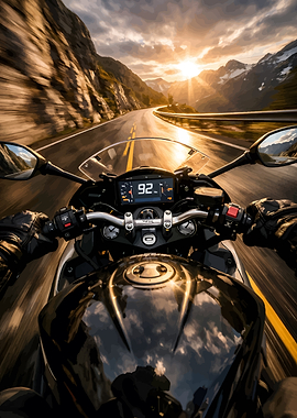 Motorcycle Riding Through Mountain Sunset