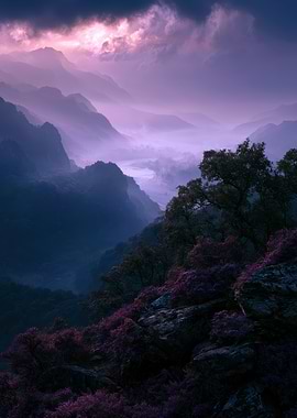 Ethereal Purple Mountain Valley Landscape