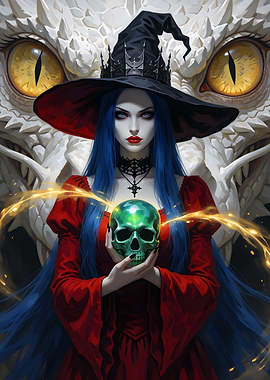 Witch with Glowing Skull and White Dragon