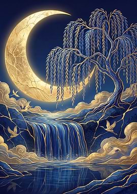 Golden Moon and Willow Waterfall
