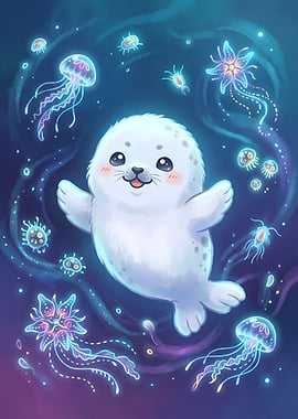 Cute Baby Seal Swimming with Jellyfish
