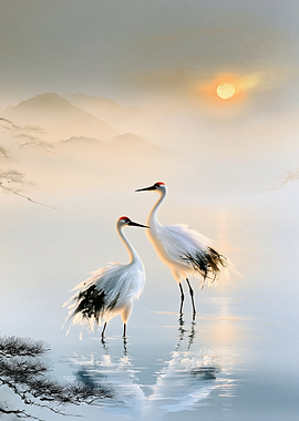 Two Cranes in Misty Sunrise